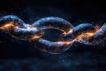 Metallic chain links glow with energy, strength and connection on a dark background