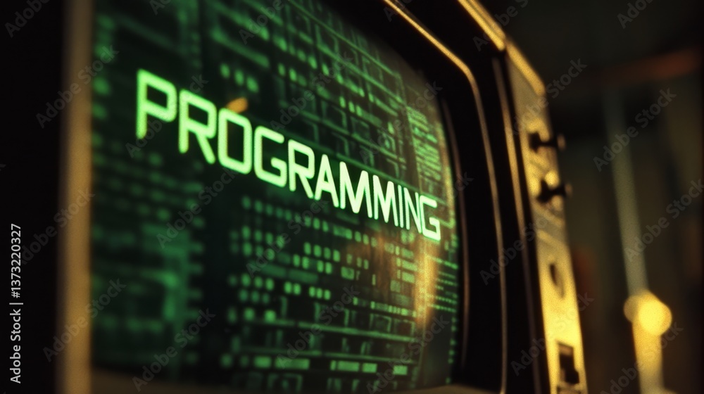 Poster Blue programming word text on monitor screen. Coding concept. Technology background