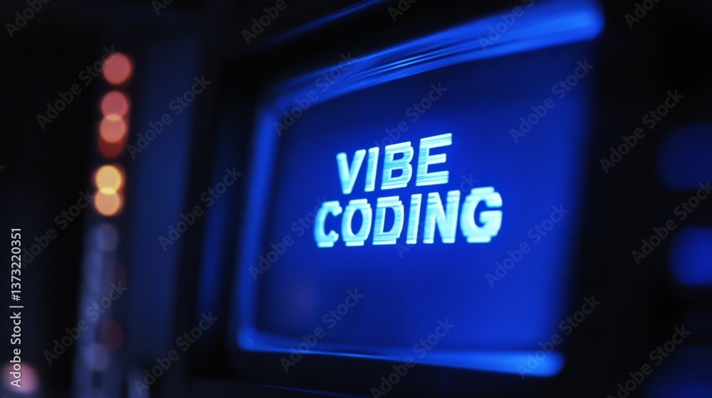 Poster blue vibe coding words on monitor screen. vibe coding concept. technology background