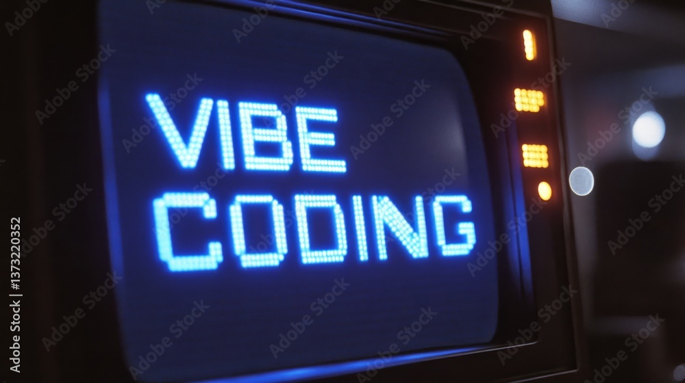 Poster Blue vibe coding words on monitor screen. Vibe coding concept. Technology background