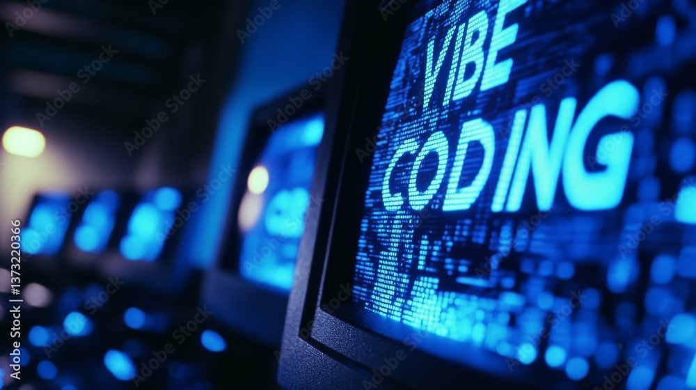 Poster Blue vibe coding words on monitor screen. Vibe coding concept. Technology background