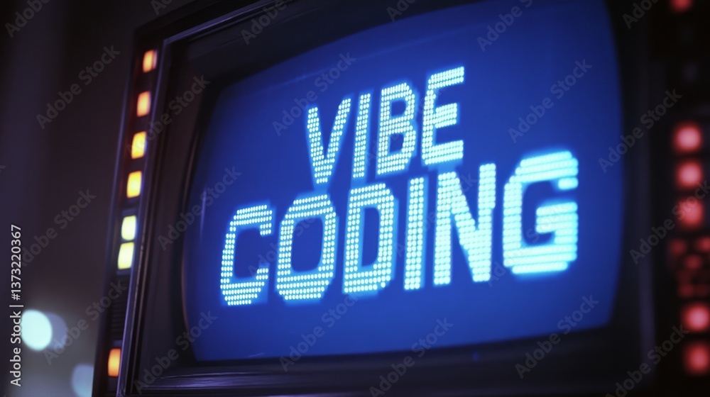 Poster blue vibe coding words on monitor screen. vibe coding concept. technology background
