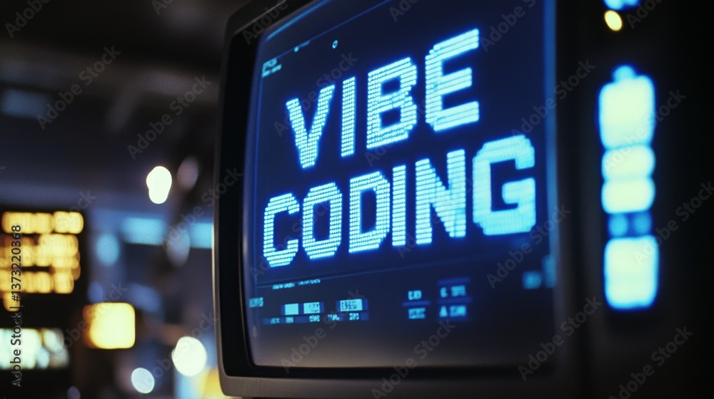 Poster Blue vibe coding words on monitor screen. Vibe coding concept. Technology background