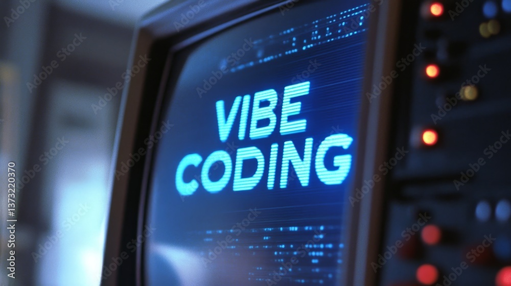 Poster blue vibe coding words on monitor screen. vibe coding concept. technology background