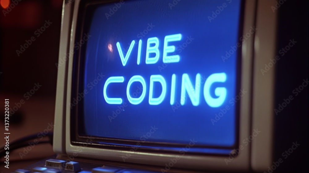 Poster blue vibe coding words on monitor screen. vibe coding concept. technology background