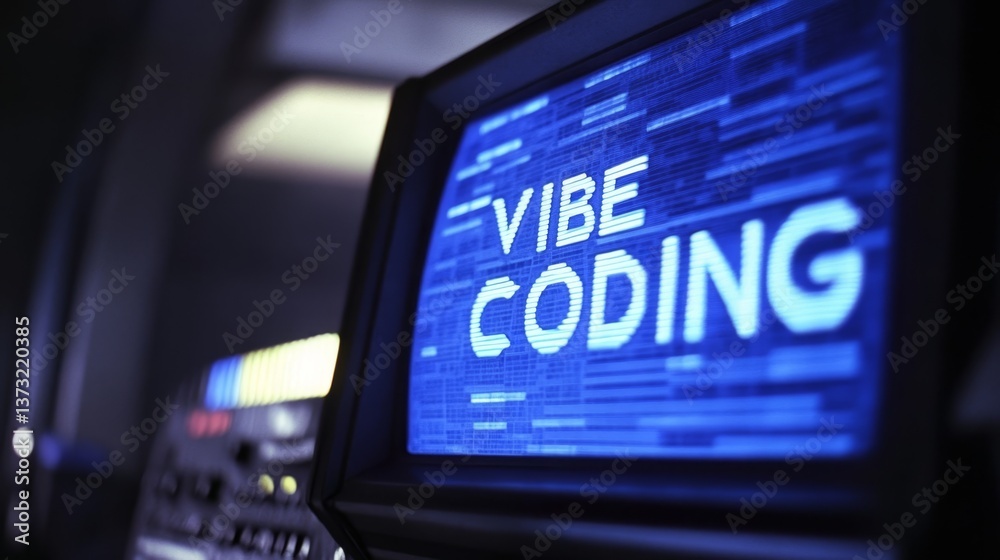 Poster blue vibe coding words on monitor screen. vibe coding concept. technology background