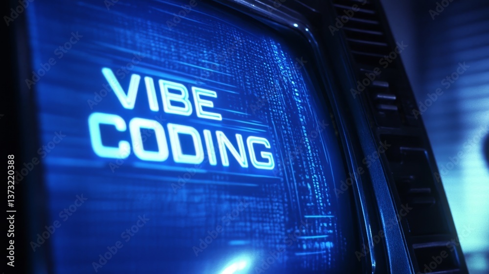 Poster Blue vibe coding words on monitor screen. Vibe coding concept. Technology background