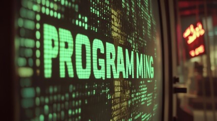 Obraz premium Blue programming word text on monitor screen. Coding concept. Technology background