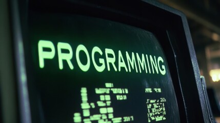 Blue programming word text on monitor screen. Coding concept. Technology background
