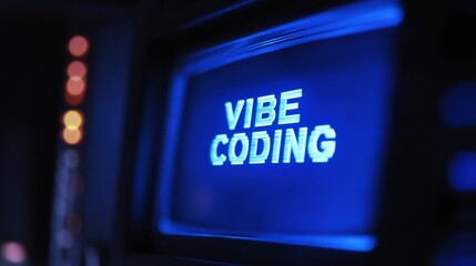 Blue vibe coding words on monitor screen. Vibe coding concept. Technology background