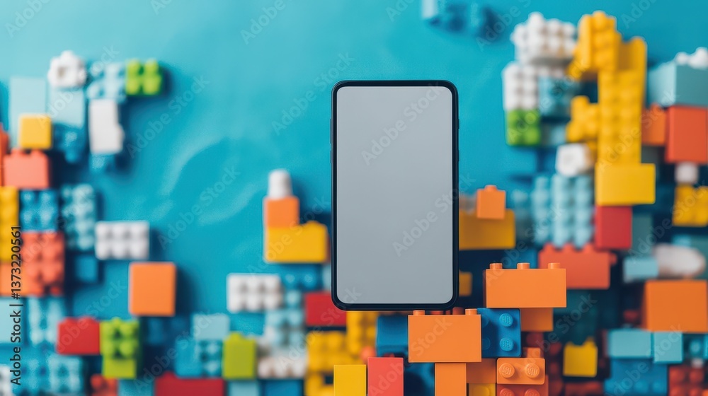 Aufkleber blank smartphone in balance on top of some building blocks