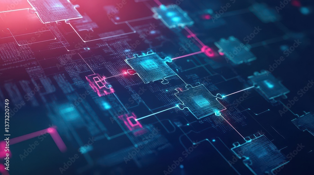 Aufkleber Blockchain technology Blockchain technologies word with a connected line of jigsaw puzzle
