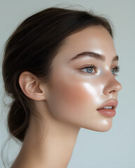 Naklejka premium Close-up portrait of a young woman with glowing dewy skin and natural makeup looking sideways