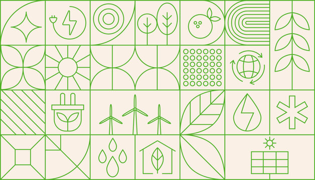 Environment nature abstract modern geometric pattern. Vector green eco-friendly grid ornament with environmental sustainability icons. Plants, trees, water droplets, recycling symbols, leaves, globe.