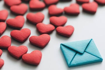 Obraz premium Blue email symbol over many red hearts on white background