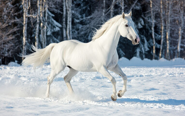 A white horse galloping in the snow, with a white coat, captured in high-definition photography. The beautiful, snowy scenery provides a serene backdrop