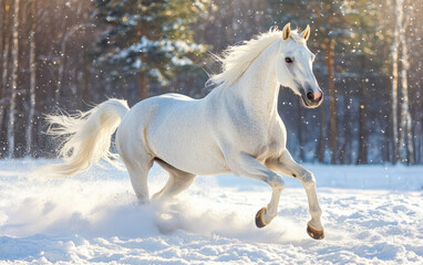 A white horse galloping in the snow, with a white coat, captured in high-definition photography. The beautiful, snowy scenery provides a serene backdrop