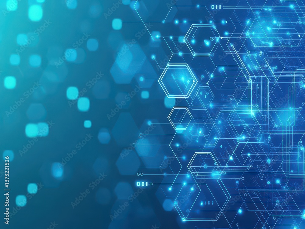 Poster Blue tech background featuring circuit lines and hexagons, vector design for business, technology, or science themes