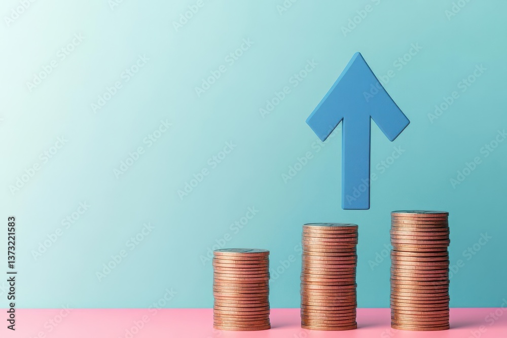 Poster blue up arrow and coin stacks on pastel background financial success and growth concept copy space, 