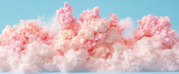 Obraz premium Fluffy pastel pink cotton clouds on a light blue background, looks like a sweet treat