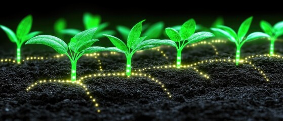 Green sprouts emerge from the dark earth. Digital dots connect the plants, suggesting growth