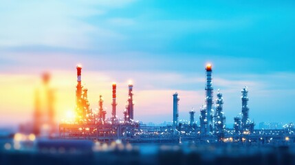 Obraz premium Blurred Industrial Landscape Background with Illuminated Refineries at Dusk