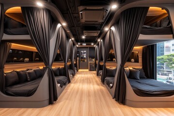 Stylish interior with black curtains and cushioned beds, modern lodging facility