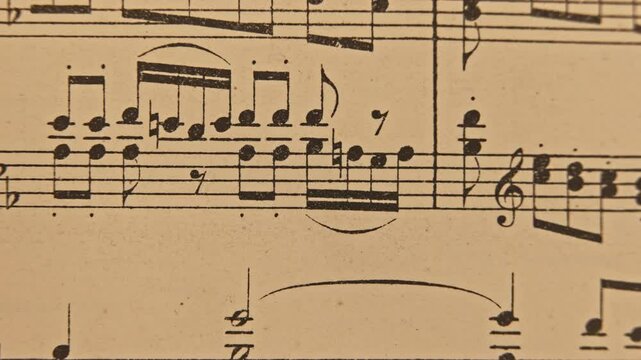 Stop-Motion footage of Mozart aged book with music notes sheet. Archival manuscripts, vintage musical score for piano. Educational symbols for musician