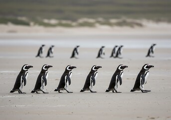 A majestic parade of Magellanic penguins waddling across a pristine beach under a soft, pale sky.