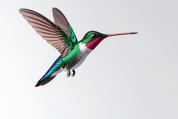 A vibrant hummingbird in flight, showcasing iridescent green and blue feathers, a long, slender red beak, and delicate wings against a stark white background.