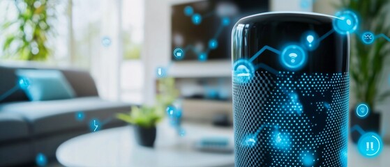 Engineers designing AI powered virtual assistants for smart homes, high-tech living room with real-time voice command data and AI-driven automation systems, High-tech style