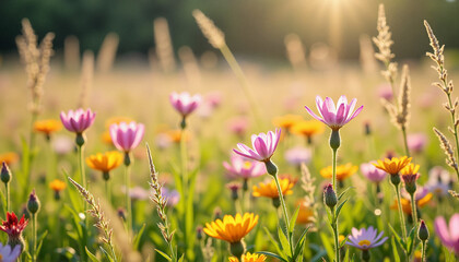Vibrant wildflowers blooming in a sunny meadow  