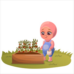 Illustration of a child doing gardening and animal husbandry
