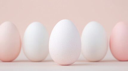 Pastel eggs arranged in row on soft cream background, creating serene atmosphere