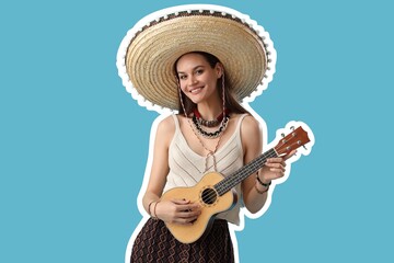 Beautiful woman in sombrero hat and with guitar on light blue background