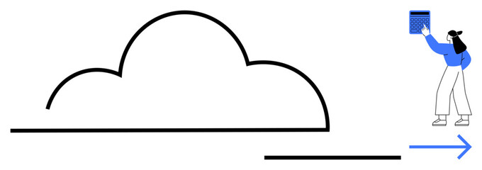 Large cloud shape with person holding file, symbolizing data upload and streamlined management. Ideal for cloud computing, technology, data storage, connectivity, productivity, innovation, flat