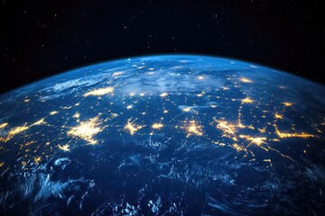 Obraz premium Earth view at night, city lights sparkle across the globe. Clouds visible