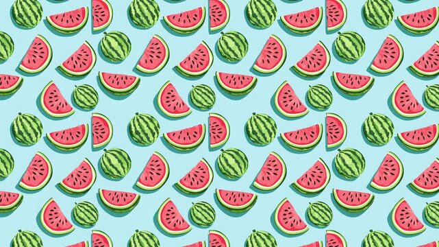Rotating pattern of watermelon slices and whole fruits on turquoise background.