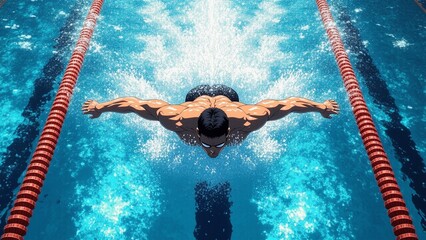 Muscular swimmer swims powerfully underwater sporting venue action aquatic details