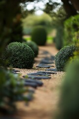 A peaceful garden pathway adorned with meticulously trimmed bushes and smooth stones contributes to a tranquil atmosphere, perfect for a sunny day