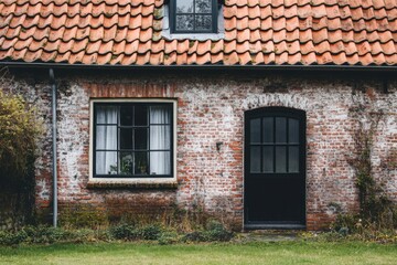 Fototapeta premium Quaint brick house with rustic charm featuring a tiled roof, black door, and large window draped with white curtains nestled in a peaceful garden setting