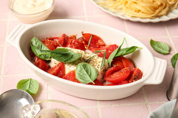 Baking dish with tasty tomatoes and feta cheese on pink tile background