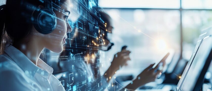 Engineers designing AI powered voice driven customer service systems, high-tech call center with real-time interaction data and AI-driven voice assistants, High-tech style