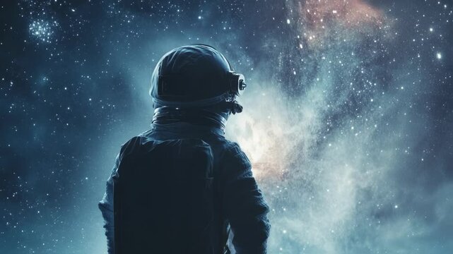 Lone astronaut contemplating distant nebula, floating amid infinite starry expanse, embodying cosmic exploration and scientific wonder of deep space journey