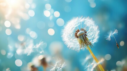 A close up of a dandelion seed head in sunlight