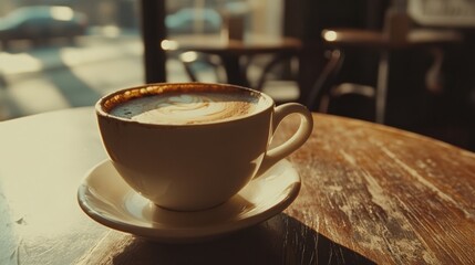 Cozy cafe coffee cup on sunny day. Vintage background