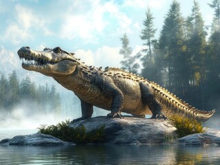 Kaprosuchus prehistoric crocodile with long tusks from the cretaceous era detailed scales rugged texture serene lake misty trees
