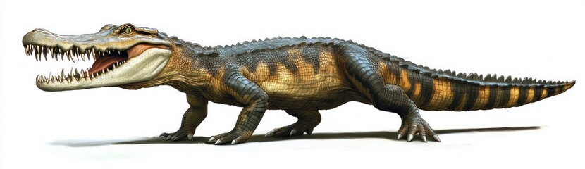 Obraz premium Kaprosuchus Prehistoric Crocodile with Long Tusk and Sharp Teeth Profile Anatomical Illustration