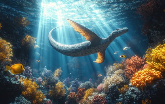 Prehistoric Aquatic Scene Mesosaurus Swimming Vibrant Coral Reefs Underwater Ethereal Sunlight
