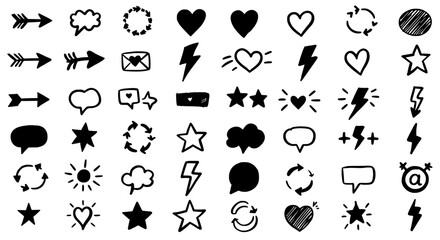 Obraz premium Expressive Doodle Collection: a delightful arrangement of whimsical hand-drawn doodles, featuring an array of arrows, hearts, lightning bolts, stars, and speech bubbles.